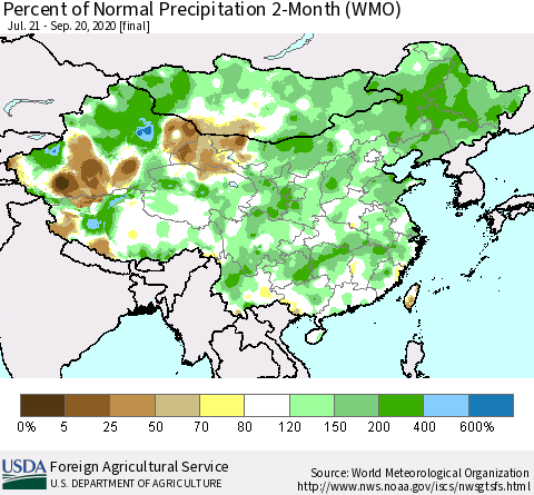 China, Mongolia and Taiwan Percent of Normal Precipitation 2-Month (WMO) Thematic Map For 7/21/2020 - 9/20/2020
