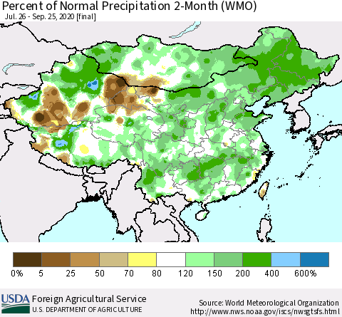 China, Mongolia and Taiwan Percent of Normal Precipitation 2-Month (WMO) Thematic Map For 7/26/2020 - 9/25/2020