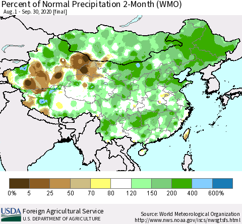 China, Mongolia and Taiwan Percent of Normal Precipitation 2-Month (WMO) Thematic Map For 8/1/2020 - 9/30/2020