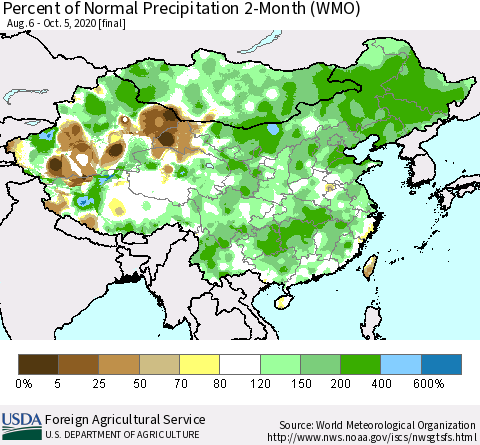 China, Mongolia and Taiwan Percent of Normal Precipitation 2-Month (WMO) Thematic Map For 8/6/2020 - 10/5/2020