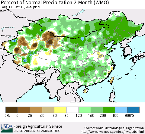 China, Mongolia and Taiwan Percent of Normal Precipitation 2-Month (WMO) Thematic Map For 8/11/2020 - 10/10/2020