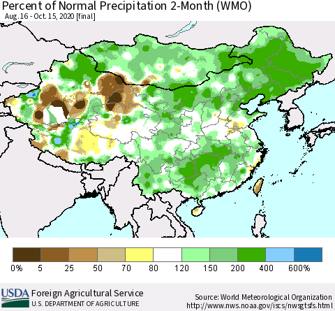 China, Mongolia and Taiwan Percent of Normal Precipitation 2-Month (WMO) Thematic Map For 8/16/2020 - 10/15/2020