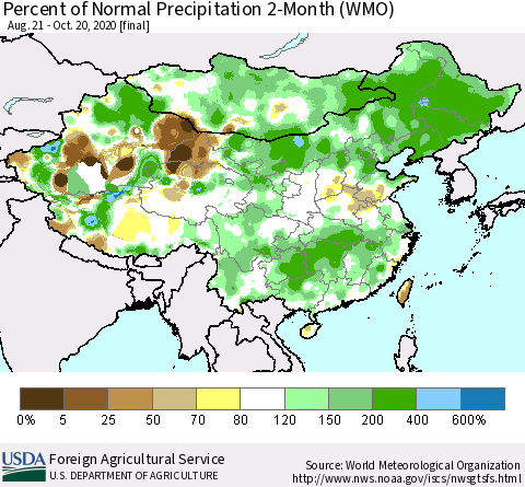 China, Mongolia and Taiwan Percent of Normal Precipitation 2-Month (WMO) Thematic Map For 8/21/2020 - 10/20/2020