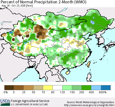 China, Mongolia and Taiwan Percent of Normal Precipitation 2-Month (WMO) Thematic Map For 8/26/2020 - 10/25/2020