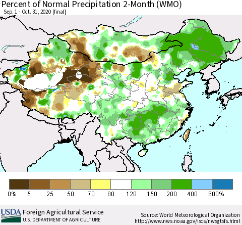 China, Mongolia and Taiwan Percent of Normal Precipitation 2-Month (WMO) Thematic Map For 9/1/2020 - 10/31/2020