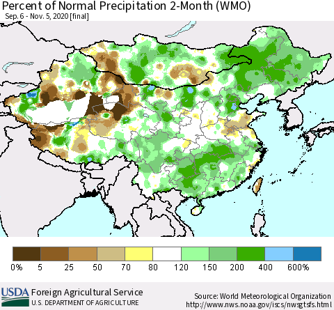 China, Mongolia and Taiwan Percent of Normal Precipitation 2-Month (WMO) Thematic Map For 9/6/2020 - 11/5/2020