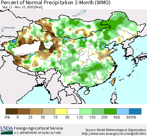 China, Mongolia and Taiwan Percent of Normal Precipitation 2-Month (WMO) Thematic Map For 9/11/2020 - 11/10/2020