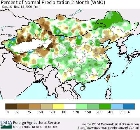 China, Mongolia and Taiwan Percent of Normal Precipitation 2-Month (WMO) Thematic Map For 9/16/2020 - 11/15/2020