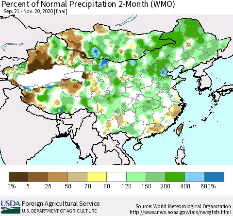 China, Mongolia and Taiwan Percent of Normal Precipitation 2-Month (WMO) Thematic Map For 9/21/2020 - 11/20/2020