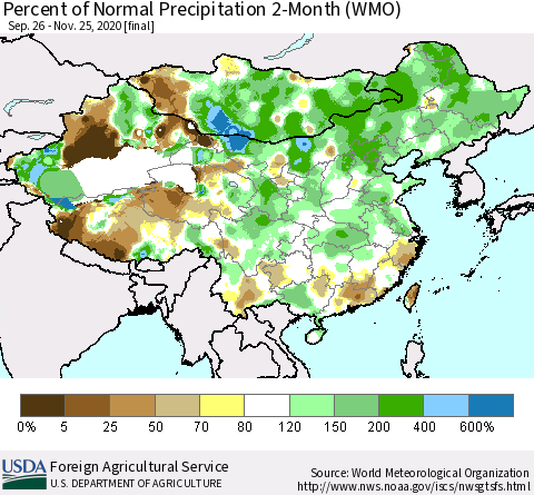 China, Mongolia and Taiwan Percent of Normal Precipitation 2-Month (WMO) Thematic Map For 9/26/2020 - 11/25/2020