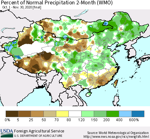 China, Mongolia and Taiwan Percent of Normal Precipitation 2-Month (WMO) Thematic Map For 10/1/2020 - 11/30/2020