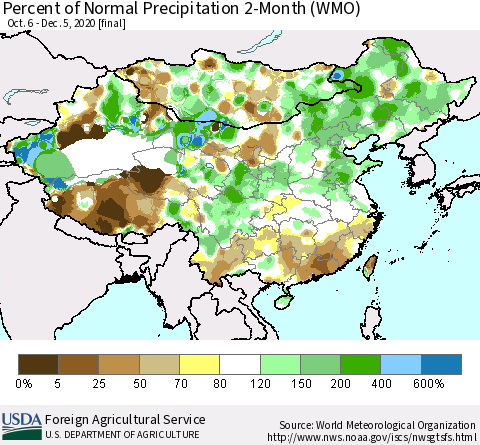China, Mongolia and Taiwan Percent of Normal Precipitation 2-Month (WMO) Thematic Map For 10/6/2020 - 12/5/2020