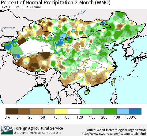 China, Mongolia and Taiwan Percent of Normal Precipitation 2-Month (WMO) Thematic Map For 10/11/2020 - 12/10/2020