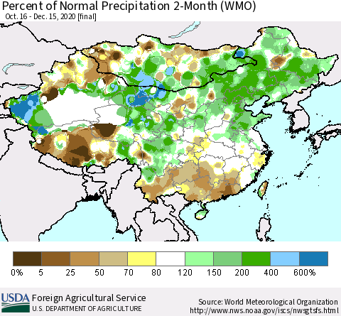 China, Mongolia and Taiwan Percent of Normal Precipitation 2-Month (WMO) Thematic Map For 10/16/2020 - 12/15/2020