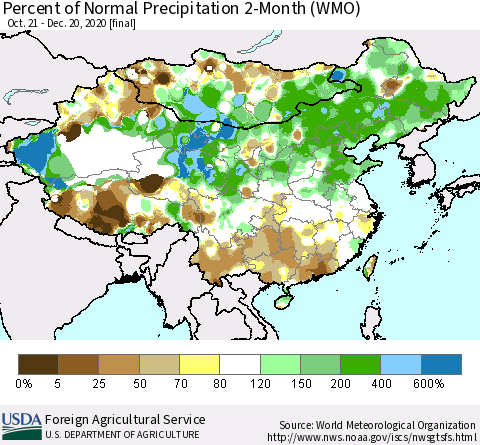 China, Mongolia and Taiwan Percent of Normal Precipitation 2-Month (WMO) Thematic Map For 10/21/2020 - 12/20/2020
