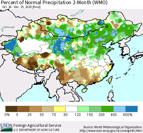 China, Mongolia and Taiwan Percent of Normal Precipitation 2-Month (WMO) Thematic Map For 10/26/2020 - 12/25/2020