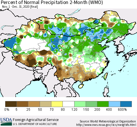 China, Mongolia and Taiwan Percent of Normal Precipitation 2-Month (WMO) Thematic Map For 11/1/2020 - 12/31/2020
