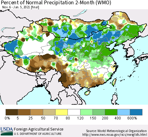 China, Mongolia and Taiwan Percent of Normal Precipitation 2-Month (WMO) Thematic Map For 11/6/2020 - 1/5/2021