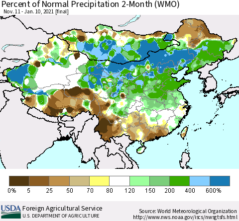 China, Mongolia and Taiwan Percent of Normal Precipitation 2-Month (WMO) Thematic Map For 11/11/2020 - 1/10/2021
