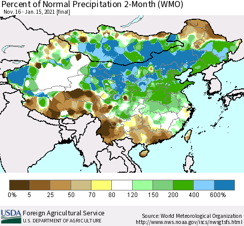 China, Mongolia and Taiwan Percent of Normal Precipitation 2-Month (WMO) Thematic Map For 11/16/2020 - 1/15/2021