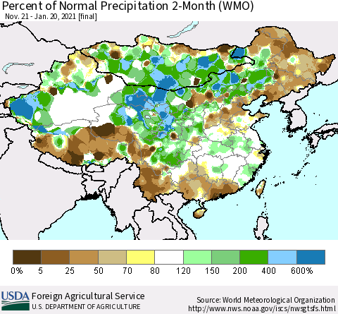China, Mongolia and Taiwan Percent of Normal Precipitation 2-Month (WMO) Thematic Map For 11/21/2020 - 1/20/2021
