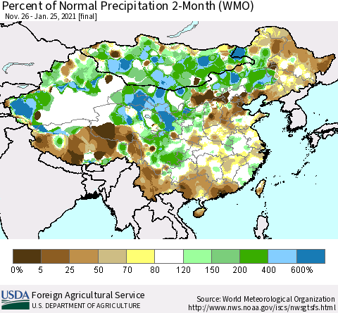 China, Mongolia and Taiwan Percent of Normal Precipitation 2-Month (WMO) Thematic Map For 11/26/2020 - 1/25/2021