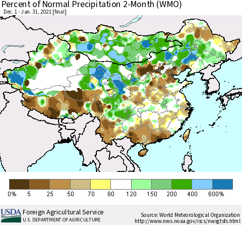 China, Mongolia and Taiwan Percent of Normal Precipitation 2-Month (WMO) Thematic Map For 12/1/2020 - 1/31/2021