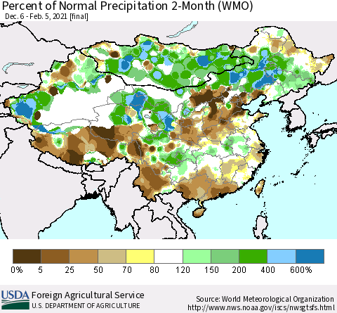 China, Mongolia and Taiwan Percent of Normal Precipitation 2-Month (WMO) Thematic Map For 12/6/2020 - 2/5/2021
