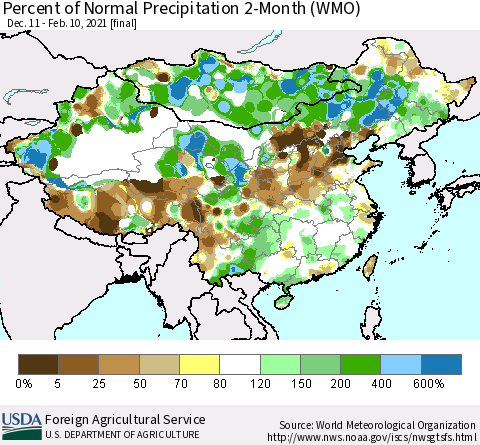 China, Mongolia and Taiwan Percent of Normal Precipitation 2-Month (WMO) Thematic Map For 12/11/2020 - 2/10/2021