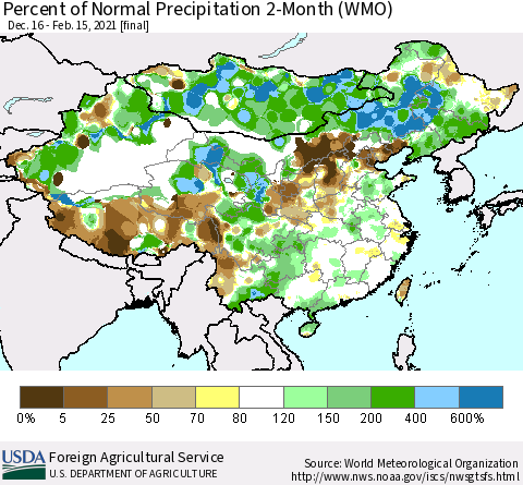 China, Mongolia and Taiwan Percent of Normal Precipitation 2-Month (WMO) Thematic Map For 12/16/2020 - 2/15/2021