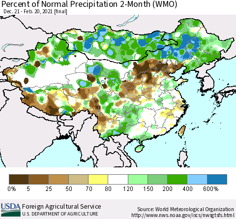 China, Mongolia and Taiwan Percent of Normal Precipitation 2-Month (WMO) Thematic Map For 12/21/2020 - 2/20/2021