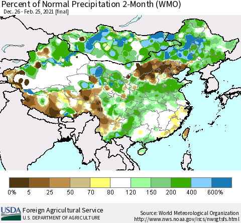 China, Mongolia and Taiwan Percent of Normal Precipitation 2-Month (WMO) Thematic Map For 12/26/2020 - 2/25/2021