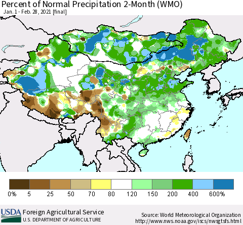 China, Mongolia and Taiwan Percent of Normal Precipitation 2-Month (WMO) Thematic Map For 1/1/2021 - 2/28/2021
