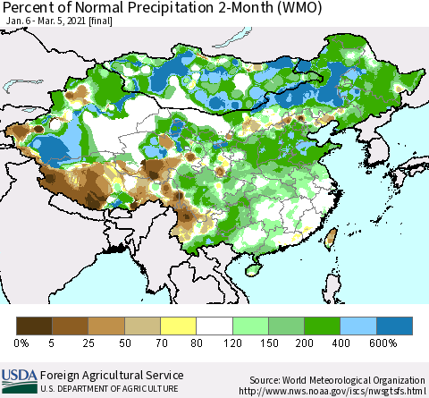 China, Mongolia and Taiwan Percent of Normal Precipitation 2-Month (WMO) Thematic Map For 1/6/2021 - 3/5/2021