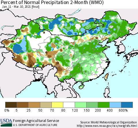 China, Mongolia and Taiwan Percent of Normal Precipitation 2-Month (WMO) Thematic Map For 1/11/2021 - 3/10/2021
