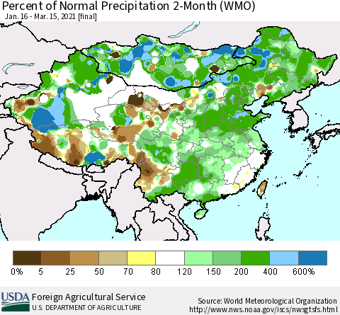 China, Mongolia and Taiwan Percent of Normal Precipitation 2-Month (WMO) Thematic Map For 1/16/2021 - 3/15/2021
