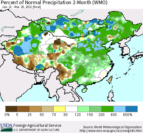 China, Mongolia and Taiwan Percent of Normal Precipitation 2-Month (WMO) Thematic Map For 1/21/2021 - 3/20/2021