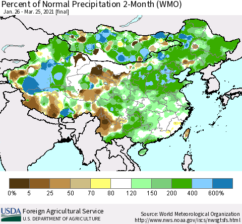 China, Mongolia and Taiwan Percent of Normal Precipitation 2-Month (WMO) Thematic Map For 1/26/2021 - 3/25/2021