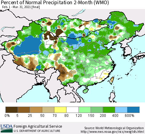 China, Mongolia and Taiwan Percent of Normal Precipitation 2-Month (WMO) Thematic Map For 2/1/2021 - 3/31/2021
