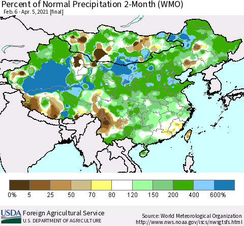 China, Mongolia and Taiwan Percent of Normal Precipitation 2-Month (WMO) Thematic Map For 2/6/2021 - 4/5/2021
