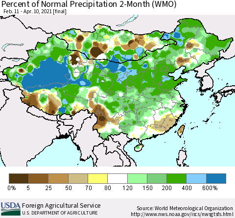 China, Mongolia and Taiwan Percent of Normal Precipitation 2-Month (WMO) Thematic Map For 2/11/2021 - 4/10/2021