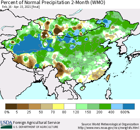 China, Mongolia and Taiwan Percent of Normal Precipitation 2-Month (WMO) Thematic Map For 2/16/2021 - 4/15/2021