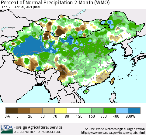 China, Mongolia and Taiwan Percent of Normal Precipitation 2-Month (WMO) Thematic Map For 2/21/2021 - 4/20/2021