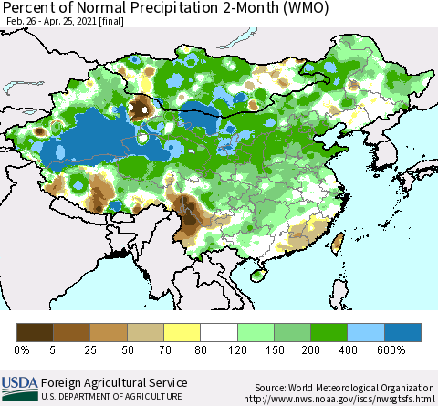 China, Mongolia and Taiwan Percent of Normal Precipitation 2-Month (WMO) Thematic Map For 2/26/2021 - 4/25/2021