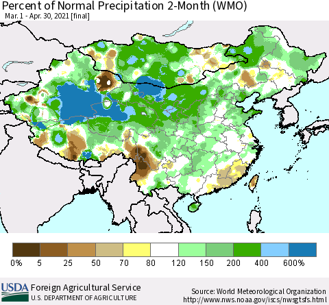 China, Mongolia and Taiwan Percent of Normal Precipitation 2-Month (WMO) Thematic Map For 3/1/2021 - 4/30/2021