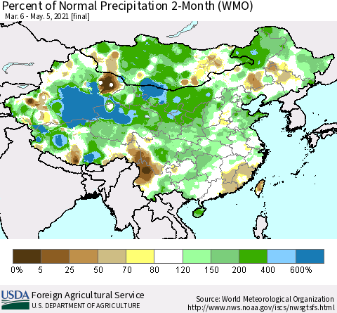 China, Mongolia and Taiwan Percent of Normal Precipitation 2-Month (WMO) Thematic Map For 3/6/2021 - 5/5/2021