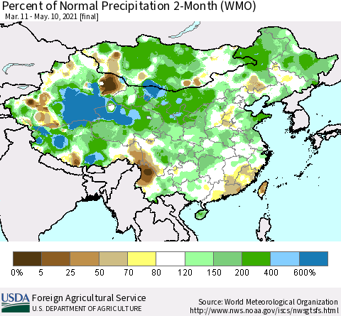 China, Mongolia and Taiwan Percent of Normal Precipitation 2-Month (WMO) Thematic Map For 3/11/2021 - 5/10/2021