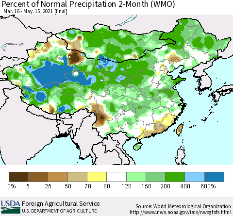 China, Mongolia and Taiwan Percent of Normal Precipitation 2-Month (WMO) Thematic Map For 3/16/2021 - 5/15/2021