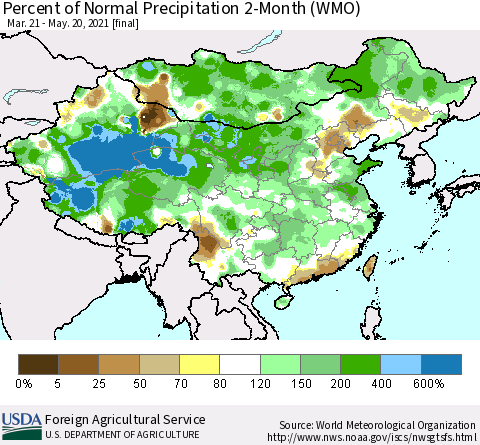 China, Mongolia and Taiwan Percent of Normal Precipitation 2-Month (WMO) Thematic Map For 3/21/2021 - 5/20/2021