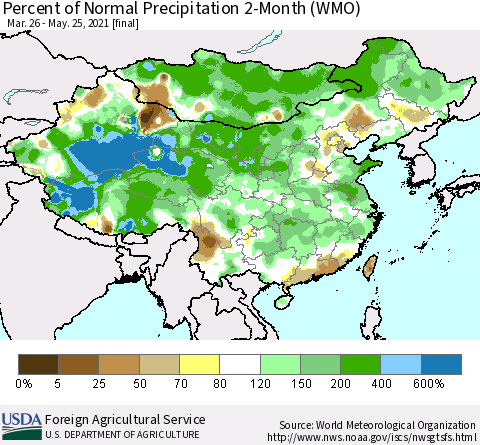 China, Mongolia and Taiwan Percent of Normal Precipitation 2-Month (WMO) Thematic Map For 3/26/2021 - 5/25/2021